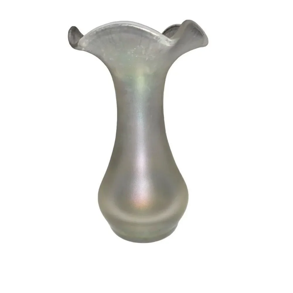 Vintage Iridescent Stretch Glass Ruffled Rim Vase7 3/4
